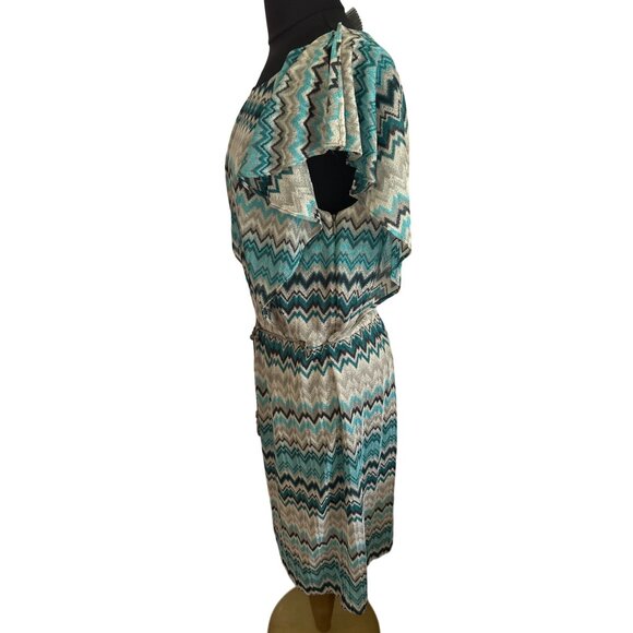 J. Taylor Women's Zigzag Pattern Dress Size 14 100% Polyester Teal & Gray Lined - Picture 2 of 11
